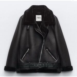 Zara Double Faced Black Faux Shearling Leather Biker Jacket
